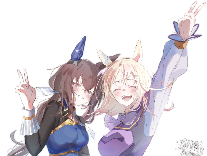 4girls :d ^_^ admire_vega_(umamusume) animal_ears arm_up blonde_hair blue_dress brown_hair chibi chibi_inset closed_eyes crown dress facing_viewer flying_sweatdrops ha_(hura76752775) hair_between_eyes hair_ribbon highres horse_ears long_hair low_ponytail meisho_doto_(umamusume) mini_crown multiple_girls narita_top_road_(umamusume) pink_dress ponytail red_eyes ribbon simple_background smile t.m._opera_o_(umamusume) umamusume v very_long_hair white_background white_ribbon