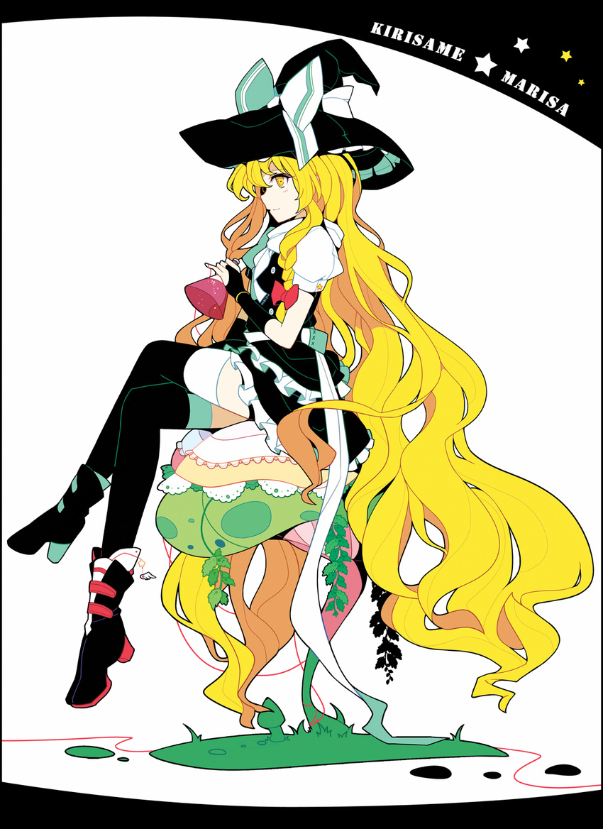 alternate_costume blonde_hair boots bow braid bridal_gauntlets crossed_legs erlenmeyer_flask flask flat_color full_body hair_bow hat highres ideolo kirisame_marisa long_hair mushroom nature plant profile red_string simple_background single_braid sitting solo string thighhighs touhou very_long_hair witch_hat yellow_eyes zettai_ryouiki