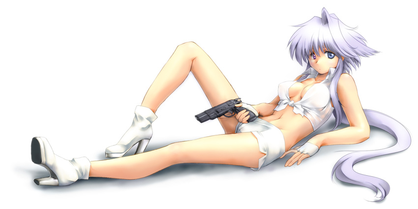 arm_support blue_eyes boots breasts browning_hi-power cleavage front-tie_top grey_eyes gun handgun heterochromia high_heels lavolpe_(yagisaka_seto) legs long_hair lying medium_breasts midriff navel original pistol ponytail purple_eyes purple_hair shirt shoes shorts sidelocks solo tied_shirt trigger_discipline very_long_hair weapon white_hair yagisaka_seto