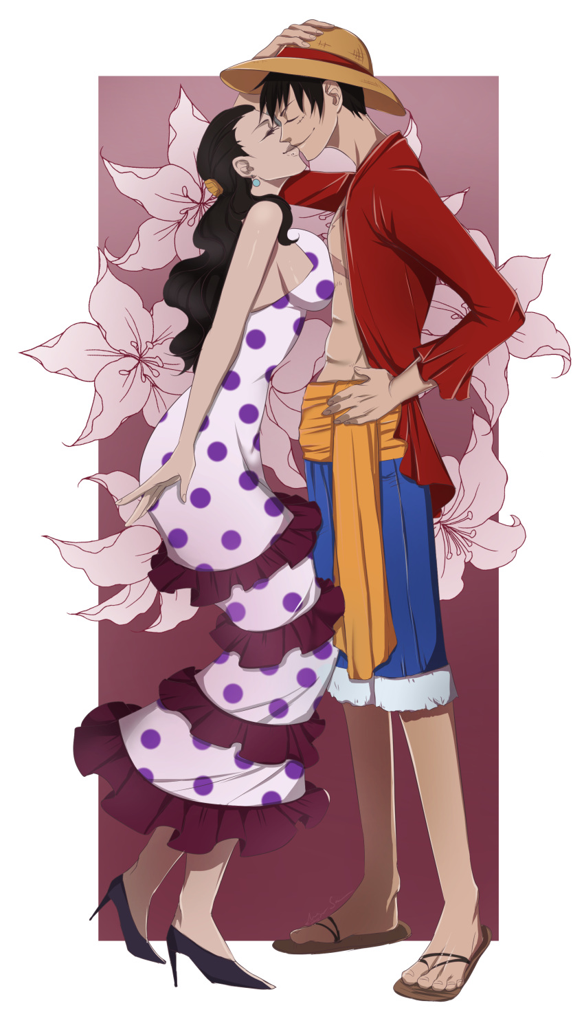 1boy 1girl absurdres bare_shoulders black_hair closed_eyes closed_mouth commentary commission dress earrings english_commentary full_body hat high_heels highres jewelry kiss long_hair long_sleeves meguru_sama monkey_d._luffy one_piece open_clothes polka_dot polka_dot_dress red_shirt scar scar_on_cheek scar_on_chest scar_on_face shirt short_hair sleeveless sleeveless_dress straw_hat viola_(one_piece)