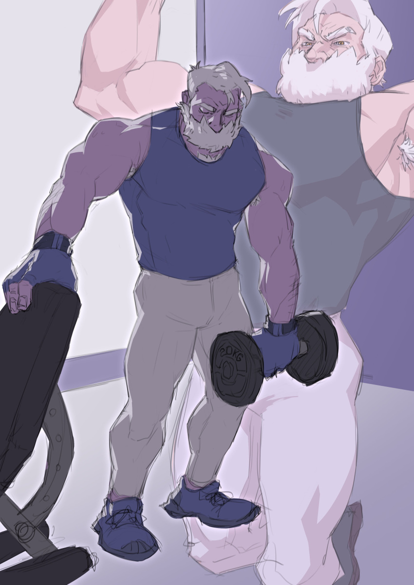 1boy absurdres alternate_costume armpit_hair armpit_hair_peek armpit_peek bara beard beard_over_mouth drayden_(pokemon) dumbbell exercise facial_hair fonzu_(callmefonzu) full_beard full_body gym highres large_pectorals male_focus muscular muscular_male old old_man pants pectorals pokemon pokemon_bw shirt short_hair sidepec sleeveless sleeveless_shirt thick_beard thick_eyebrows unfinished weightlifting white_hair wrinkled_skin