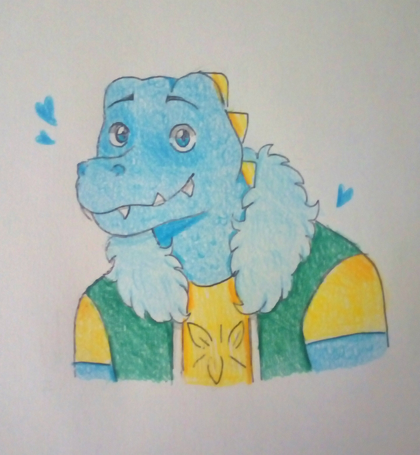 &lt;3 2017 absurd_res alligatorid anthro azurlligator blue_body blue_eyes blue_heart blue_scales bust_portrait clothed clothing crocodilian eternal_forwardness eyebrows fangs furred_clothing graphite_(artwork) green_clothing green_topwear green_vest hi_res male nathile_tiduna orange_clothing orange_shirt orange_topwear pencil_(artwork) portrait reptile scales scalie scutes shirt simple_background smile smiling_at_viewer solo symbol teeth topwear traditional_media_(artwork) vest violetmadness7 yellow_scutes