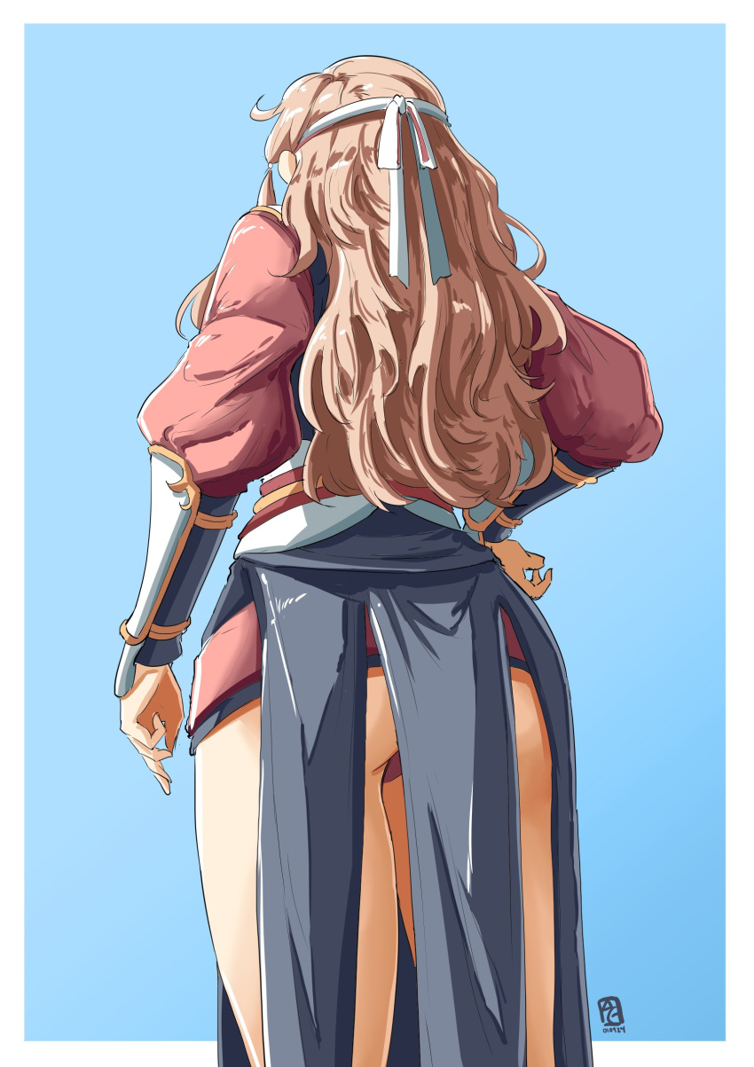 1girl arm_guards ass automatic_giraffe blue_background border brown_hair commentary fire_emblem fire_emblem_fates from_behind gradient_background hairband hana_(fire_emblem) hand_on_own_hip highres long_hair outside_border simple_background solo white_border white_hairband