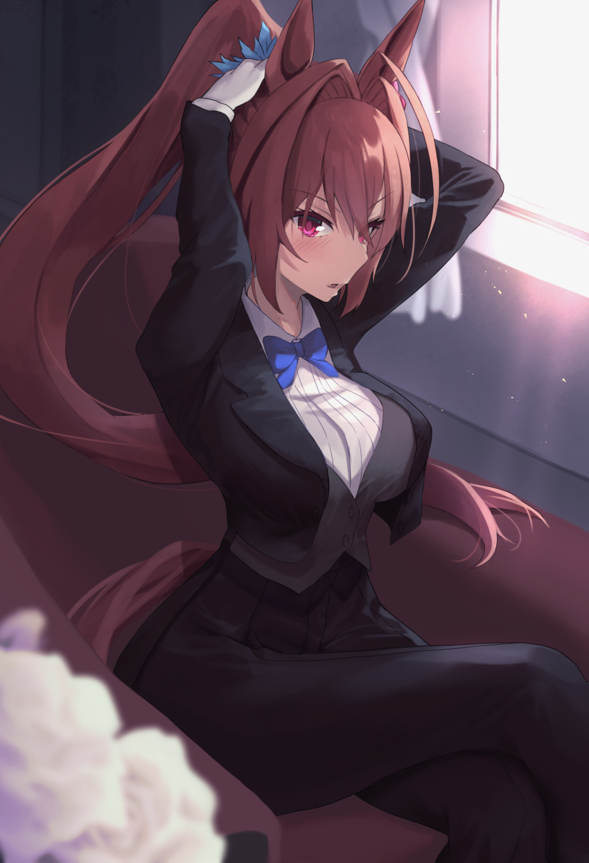 1girl adjusting_hair animal_ears arms_up black_jacket black_pants blue_vest blurry blurry_foreground bow bowtie breasts brown_hair collared_shirt commentary_request cowboy_shot crossed_legs curtains daiwa_scarlet_(umamusume) gloves hair_intakes highres horse_ears horse_girl horse_tail indoors jacket large_breasts light_particles long_hair long_sleeves open_clothes open_jacket open_mouth pant_suit pants ponytail puff_of_air rain_yadori red_eyes shirt sitting small_breasts solo suit tail umamusume v-shaped_eyebrows vest white_gloves white_shirt window