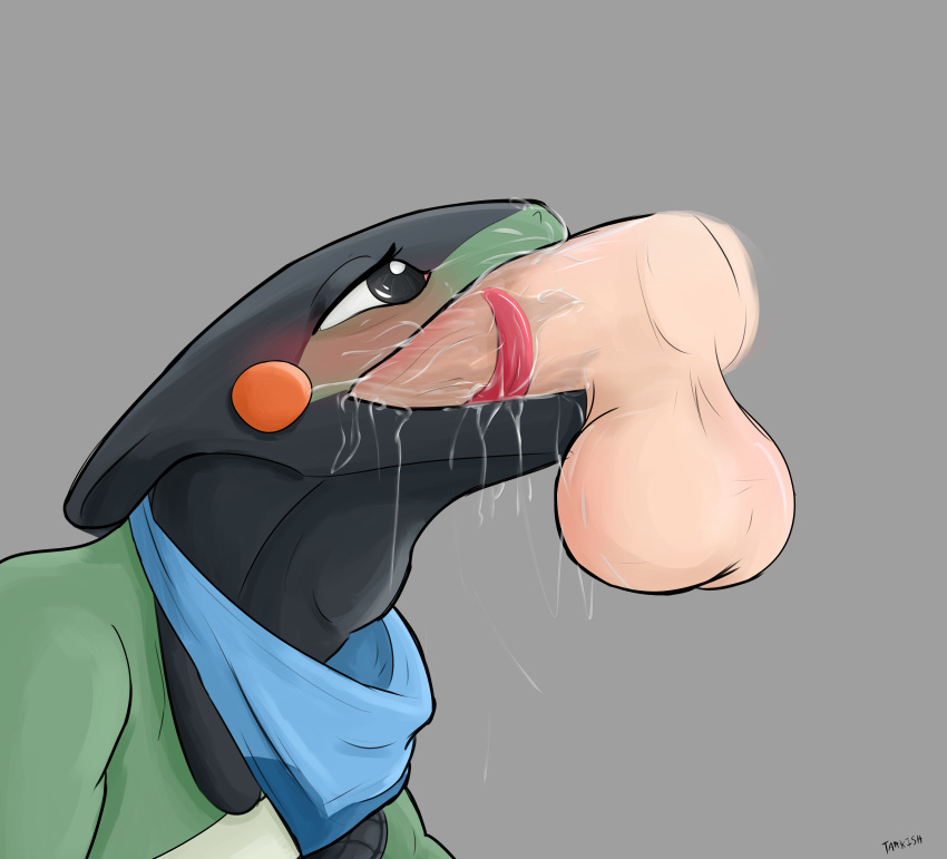 absurd_res balls bandanna_on_neck blush bodily_fluids cum cum_in_mouth cum_inside cyclizar deep_throat duo feral generation_9_pokemon genital_fluids genitals hi_res human humanoid_genitalia humanoid_penis looking_at_another looking_at_partner male male/male mammal neck_bulge nintendo oral penis pokemon pokemon_(species) reptile saliva scalie tarkish tongue