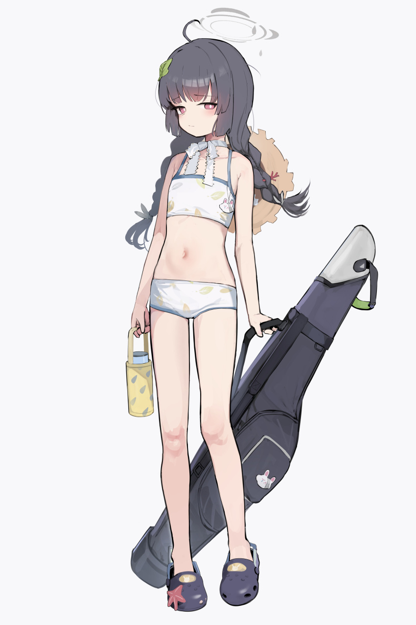 1girl absurdres ahoge bare_arms bare_legs bare_shoulders bikini black_footwear black_hair blue_archive blush braid closed_mouth crocs flat_chest full_body grey_halo halo highres leaf_print long_hair miyu_(blue_archive) miyu_(swimsuit)_(blue_archive) navel official_alternate_costume print_bikini red_eyes simple_background solo somray swimsuit twin_braids white_background white_bikini