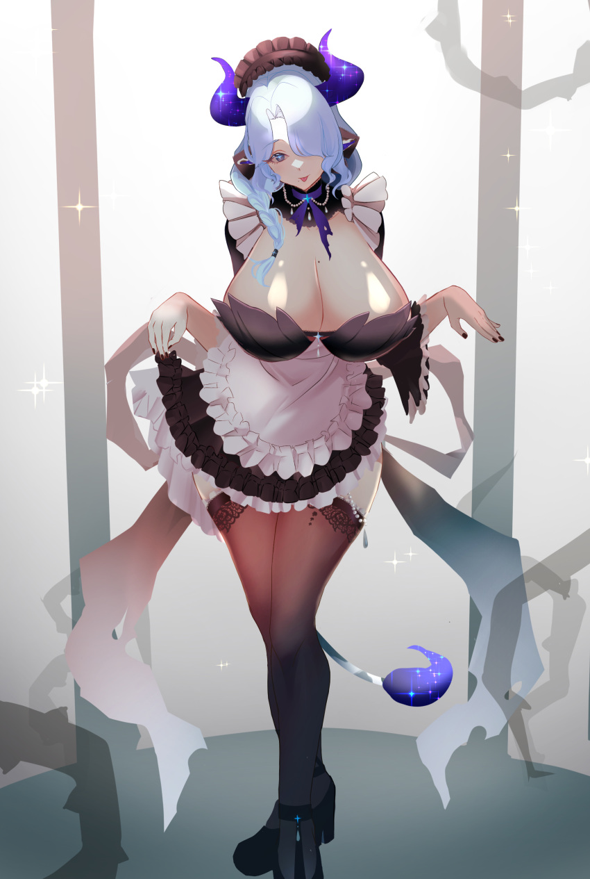 1girl absurdres akimoto8 animal_ears apron black_dress black_footwear black_nails blue_hair braid braided_ponytail breasts cow_ears cow_girl cow_horns cow_tail dress frilled_dress frills hair_over_one_eye high_heels highres horns huge_breasts indie_virtual_youtuber long_hair maid maid_headdress miilkywayz mole mole_on_breast skirt_hold solo tail thighhighs tongue virtual_youtuber white_apron