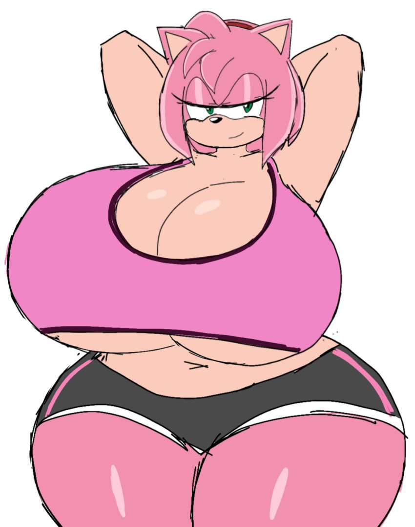 2023 amy_rose anthro belly big_breasts black_bottomwear black_clothing black_gym_shorts black_hotpants black_nose bottomwear bra breasts clothing colored colored_sketch digital_media_(artwork) eulipotyphlan eyelashes female flat_colors green_eyes gym_bottomwear gym_clothing gym_shorts hair hands_behind_head hedgehog hi_res hotpants huge_breasts huge_thighs looking_at_viewer mammal mobian_hedgehog momiji navel pink_body pink_bra pink_clothing pink_ears pink_hair pink_sports_bra pink_topwear pink_underwear red_hairband sega shorts sketch smile smug solo sonic_the_hedgehog_(series) sports_bra tan_belly tan_body tan_breasts tan_inner_ear thick_thighs topwear underwear