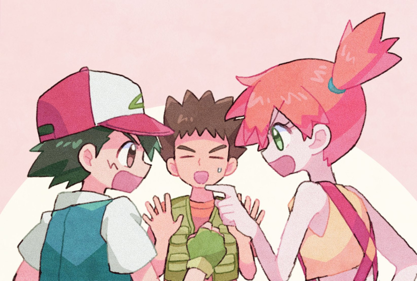 1girl 2boys angry ash_ketchum baseball_cap black_hair blue_jacket brock_(pokemon) brown_eyes brown_hair clenched_hand closed_eyes crop_top fingerless_gloves from_side gloves green_eyes green_gloves green_vest hair_tie hand_up hands_up hat high_ponytail highres jacket looking_at_another mgomurainu misty_(pokemon) multiple_boys open_mouth orange_background orange_hair orange_shirt pointing pointing_at_another pokemon pokemon_(anime) pokemon_(classic_anime) red_headwear shirt short_hair short_ponytail short_sleeves spiked_hair suspenders sweatdrop upper_body vest yellow_shirt