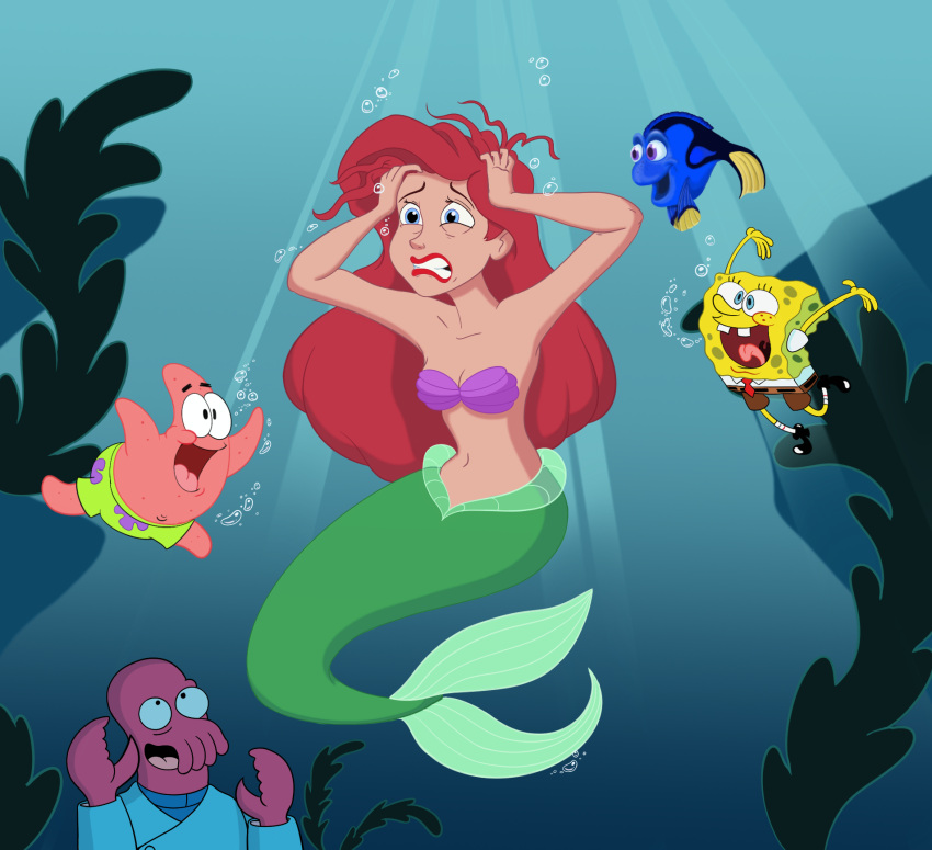 animate_inanimate anthro ariel_(disney) arthropod asterozoan being_watched breasts clothing comedy_central crab crossover crustacean decapoda disney dory_(finding_nemo) dr._zoidberg echinoderm female finding_nemo fish futurama group hair hi_res humanoid lipstick long_hair looking_at_another makeup malacostracan male marine merfolk nickelodeon patrick_star pixar red_hair scottforester17 split_form spongebob_squarepants spongebob_squarepants_(character) starfish the_little_mermaid_(1989) underwater water