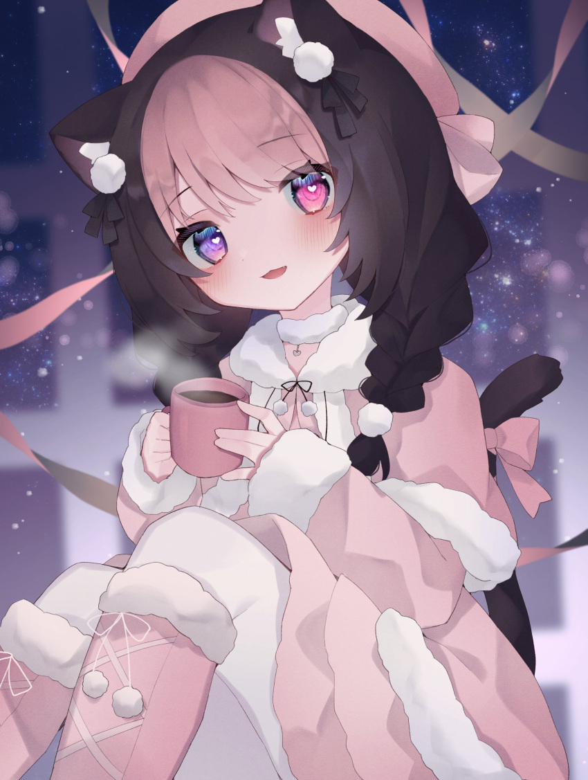 1girl absurdres animal_ear_fluff animal_ears beret black_hair black_ribbon blush boots bow braid bright_pupils cat_ears cat_girl cat_tail coat cup darlingstrawb eringikinono fur-trimmed_boots fur-trimmed_coat fur_collar fur_trim hair_ornament hat heart heart-shaped_pupils heterochromia highres holding holding_cup hot_chocolate indie_virtual_youtuber multicolored_hair night night_sky pantyhose parted_lips pink_bow pink_coat pink_eyes pink_footwear pink_hair pink_headwear pom_pom_(clothes) pom_pom_hair_ornament purple_eyes ribbon second-party_source sky solo symbol-shaped_pupils tail tail_bow tail_ornament two-tone_hair virtual_youtuber white_pantyhose white_pupils