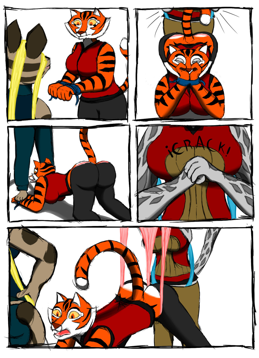 all_fours anthro asian_golden_cat bound butt catopuma clothing comic dreamworks embarrassed felid feline female group hands_tied hi_res kung_fu_panda leopard mammal master_tigress pantherine panties song_(kung_fu_panda) student_mei_ling tail the-killer-wc tiger trio underwear wedgie