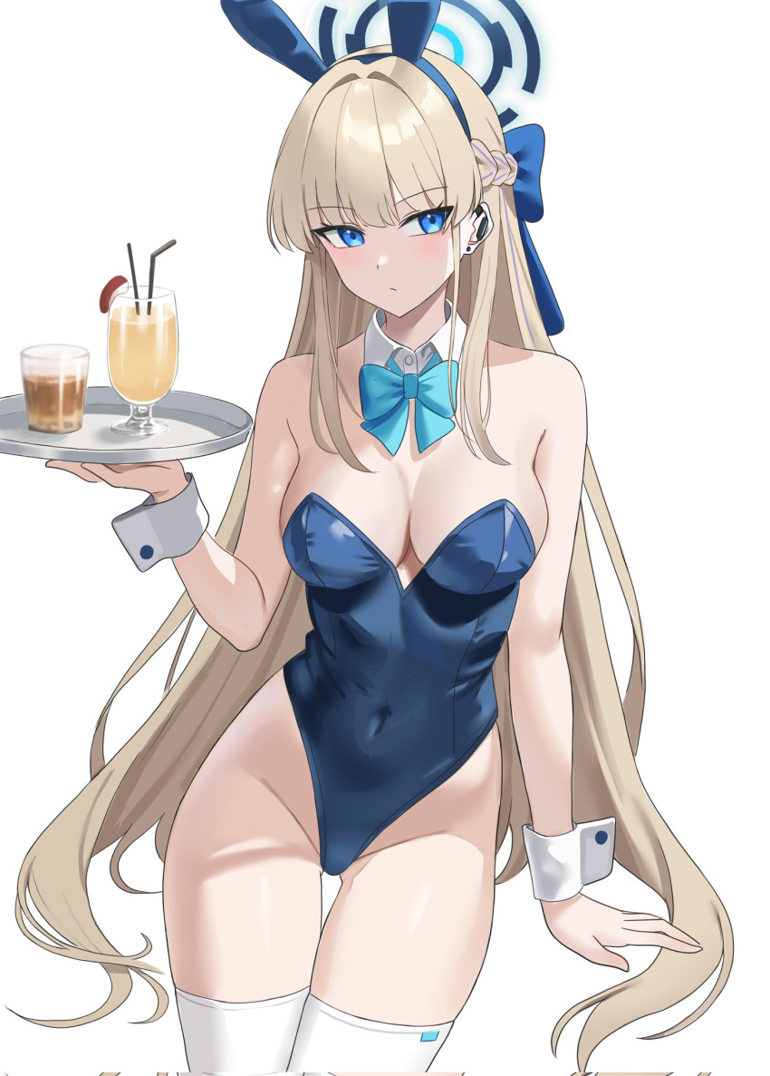 1girl animal_ears blonde_hair blue_archive blue_eyes blue_leotard bow bowtie breasts cocktail detached_collar drink earpiece english_commentary fake_animal_ears halo highleg highleg_leotard highres leotard long_hair looking_at_viewer nasah official_alternate_costume playboy_bunny rabbit_ears solo strapless strapless_leotard thighhighs toki_(blue_archive) toki_(bunny)_(blue_archive) tray white_thighhighs wrist_cuffs