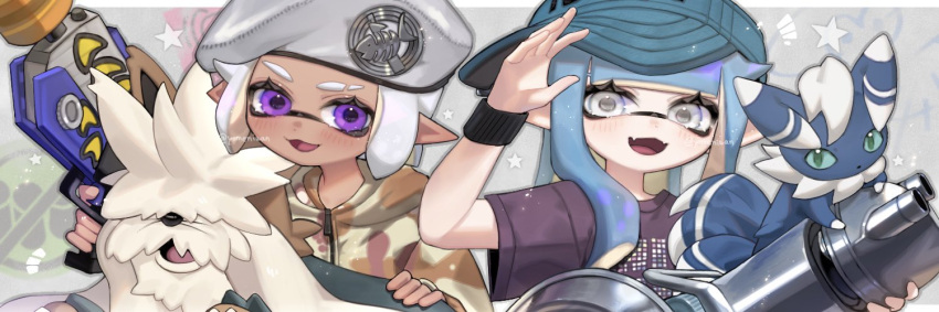 2girls artist_name beret black_wristband blue_hair dog eyelashes fangs grey_hair gun hat holding holding_gun holding_weapon inkling inkling_girl long_hair meowstic meowstic_(male) multiple_girls nautilus_(splatoon) open_mouth pointy_ears pokemon pokemon_(creature) print_shirt purple_eyes purple_shirt rapid_blaster_(splatoon) shirt short_hair skin_fangs smile splatoon_(series) splatoon_3 star_(symbol) stoutland tentacle_hair twitter_username weapon yomeniwan