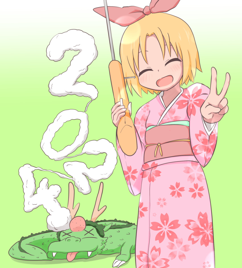 1girl 2024 animal annaka_haruna blonde_hair bow cherry_blossom_print chinese_zodiac closed_eyes dead_animal dragon floral_print floral_print_kimono gradient_background green_background hair_bow head_bump highres holding holding_weapon japanese_clothes kimono nichijou open_mouth owlz pink_kimono print_kimono red_bow smoke solo tongue tongue_out v weapon weapon_request white_background x_x year_of_the_dragon