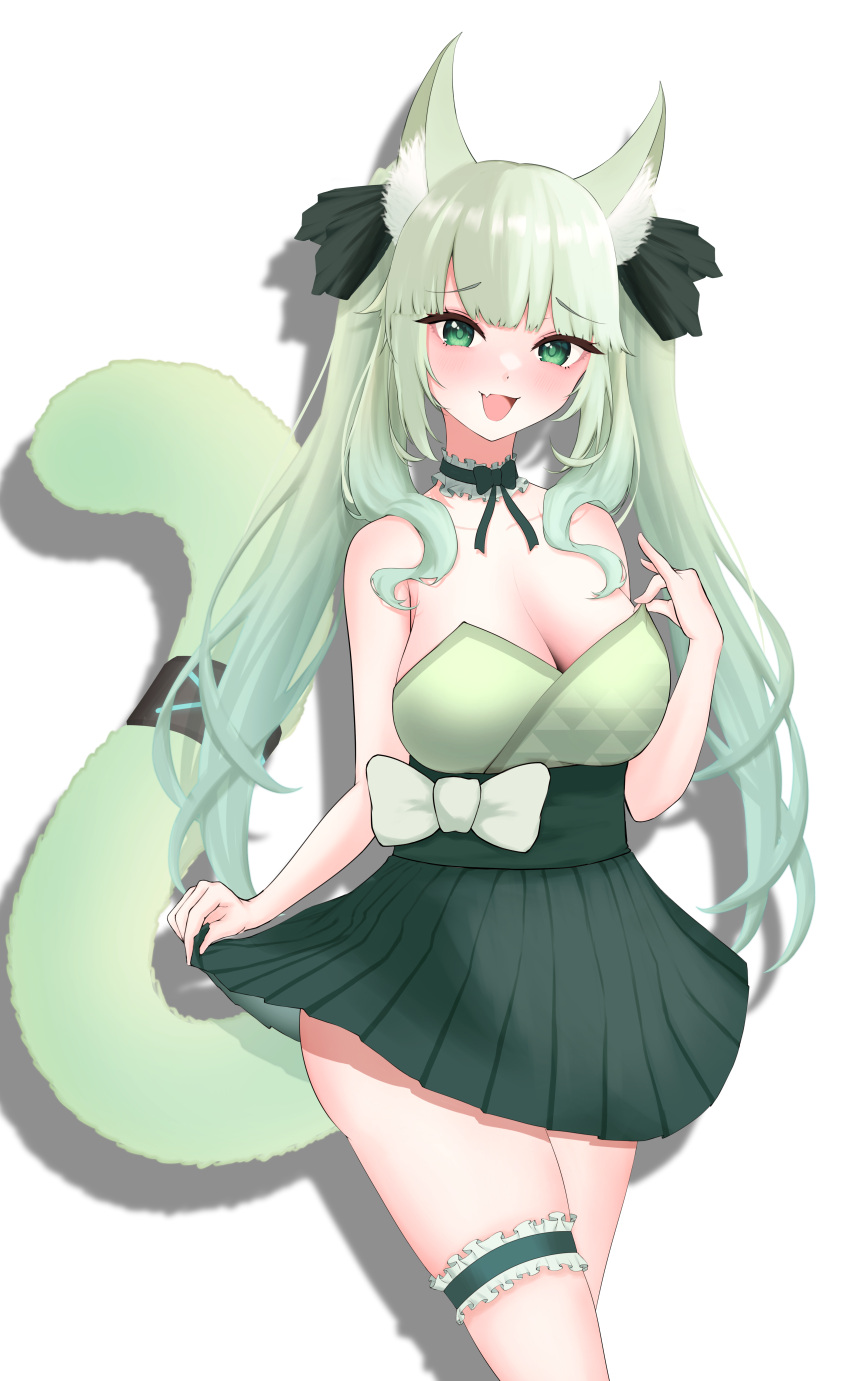 1girl :d absurdres animal_ears arknights black_bow blush bow bow_skirt breasts cat_ears cat_girl cat_tail cleavage cowboy_shot fang green_bow green_eyes green_hair green_shirt green_skirt hair_bow harmonie_(arknights) highres infection_monitor_(arknights) large_breasts long_hair open_mouth pleated_skirt shirt shirt_tucked_in simple_background skin_fang skirt skirt_tug smile solo strapless strapless_shirt tail tail_ornament tail_ring white_background yokaze_kotoha