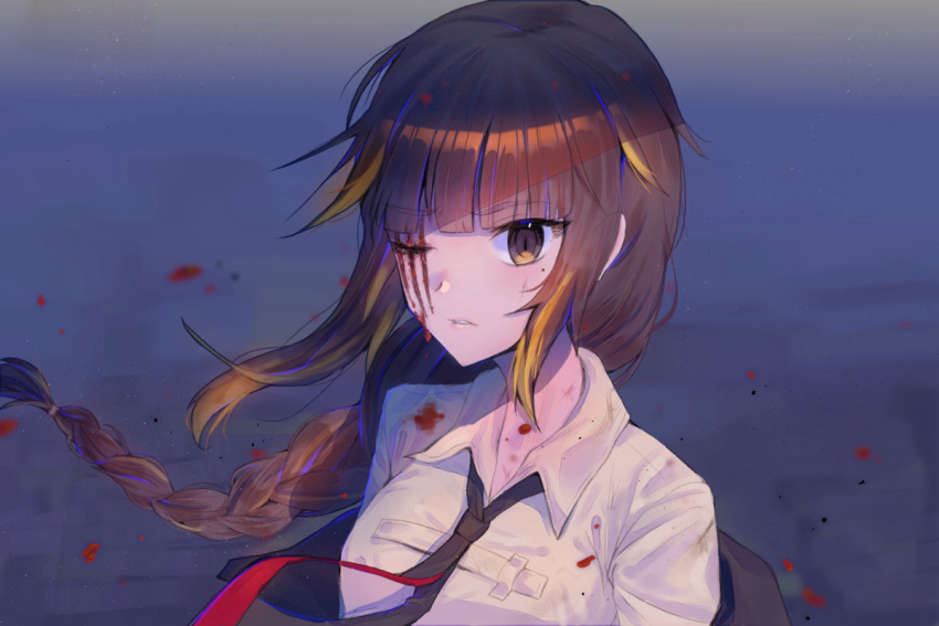 1girl black_jacket blood brown_eyes brown_hair girls'_frontline jacket long_hair m16a1_(girls'_frontline) mole mole_under_eye multicolored_hair necktie off_shoulder one_eye_closed open_mouth scar shirt simple_background upper_body xanax025 yellow_shirt