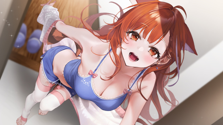 1girl animal_ears bare_arms bare_shoulders blue_shorts blurry blurry_background blush breasts camisole cleavage collarbone depth_of_field ear_piercing earrings fang from_above highres indoors jewelry large_breasts leaning_forward long_hair looking_at_viewer midriff mugika navel nijisanji non-web_source open_mouth orange_eyes orange_hair piercing ratna_petit red_panda_ears red_panda_girl short_shorts shorts sidelocks smile solo virtual_youtuber wooden_floor