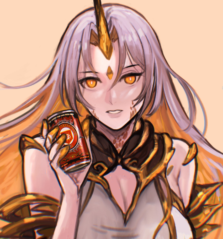 1girl bare_shoulders blonde_hair breasts can cleavage colored_inner_hair commentary drink_can english_commentary fire_emblem fire_emblem_heroes forehead gold_horns grey_background grey_hair gullveig_(fire_emblem) highres holding holding_can horns long_hair looking_at_viewer multicolored_hair pale_skin parted_bangs parted_lips sethkiel simple_background single_horn soda_can solo very_long_hair yellow_eyes