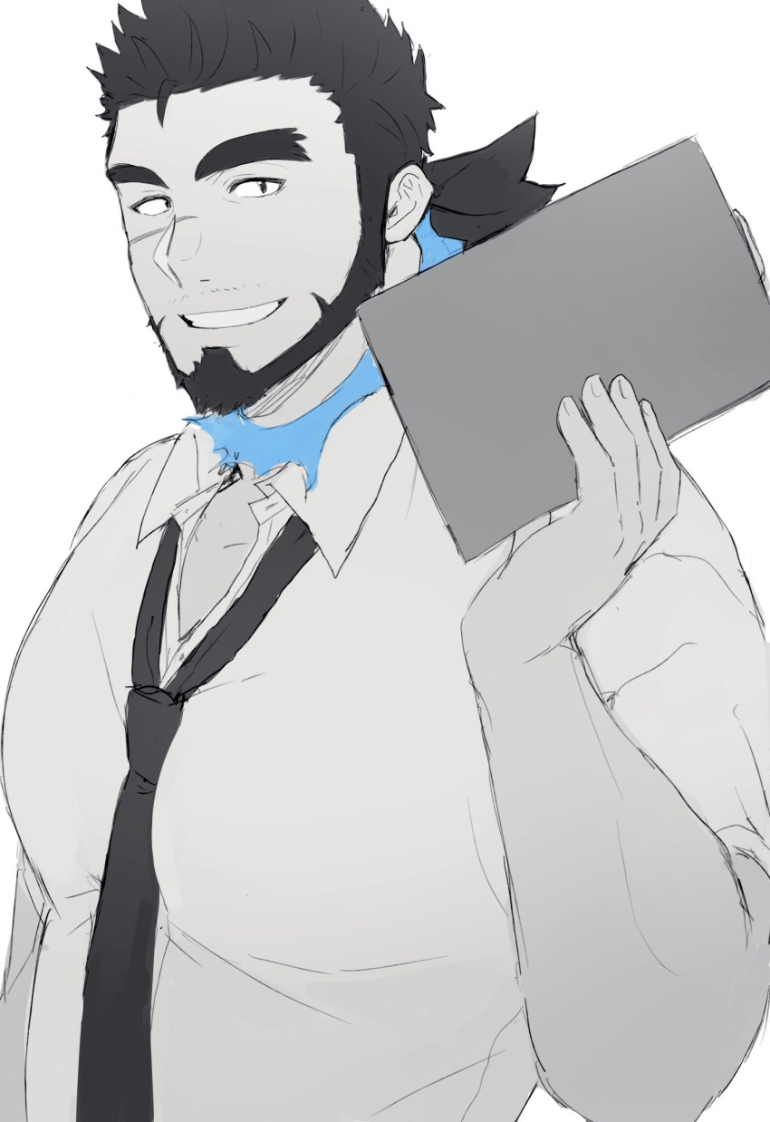 1boy bara beard between_pectorals blue_fire facial_hair fire forked_eyebrows from_side full_beard greyscale highres holding holding_notebook large_pectorals looking_at_viewer looking_to_the_side loose_necktie mature_male monochrome muscular muscular_male necktie necktie_between_pectorals notebook pectorals sandayu_(housamo) sanpaku scar scar_on_cheek scar_on_face short_hair smile solo spot_color teacher thick_beard tokyo_afterschool_summoners underwear yano_(zri_088)