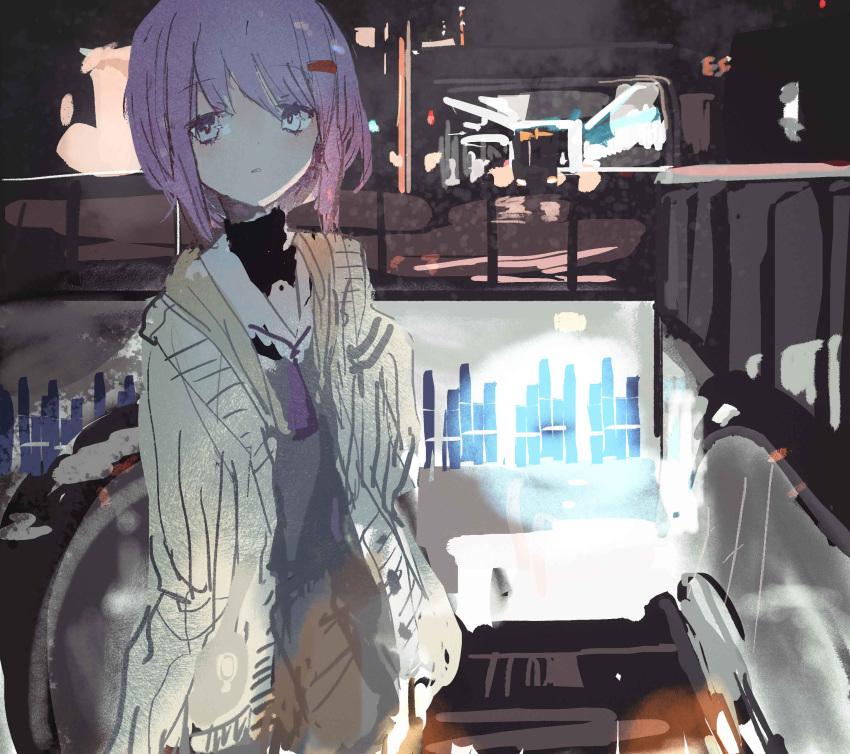 1girl a.i._voice absurdres black_undershirt bob_cut cardigan city commentary_request cowboy_shot escalator expressionless grey_serafuku grey_shirt grey_skirt hair_ornament hairclip half-closed_eyes hand_up highres hood hood_down hooded_cardigan kabuyama_kaigi long_sleeves looking_at_viewer necktie night open_cardigan open_clothes outdoors parted_lips purple_hair purple_necktie raised_eyebrows sailor_collar school_uniform serafuku shirt short_hair skirt sleeves_past_fingers sleeves_past_wrists solo standing subway_station turtleneck urban voiceroid white_eyes white_sailor_collar yuzuki_yukari yuzuki_yukari_(shizuku)