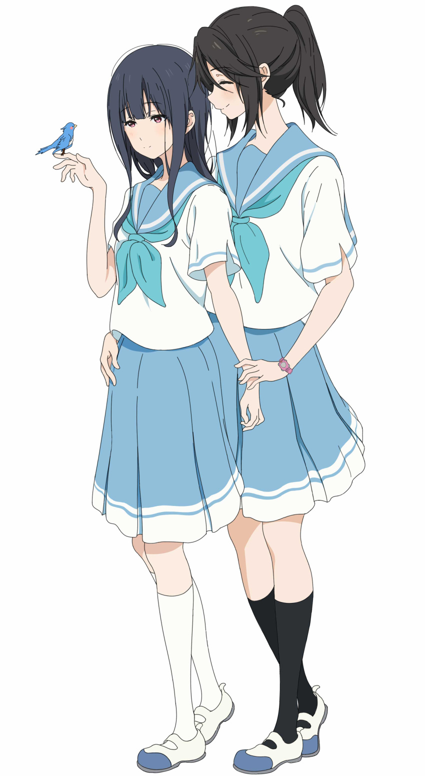 2girls absurdres aqua_neckerchief behind_another bird bird_on_hand black_hair black_socks blue_bird blue_sailor_collar blue_skirt closed_eyes closed_mouth hand_up hibike!_euphonium highres holding_another's_wrist hoshi_hara75 kasaki_nozomi kneehighs liz_to_aoi_tori long_hair mary_janes multiple_girls neckerchief pleated_skirt ponytail red_eyes sailor_collar school_uniform serafuku shoes short_sleeves sidelocks simple_background skirt smile socks standing watch white_background white_serafuku white_socks wristwatch yoroizuka_mizore yuri