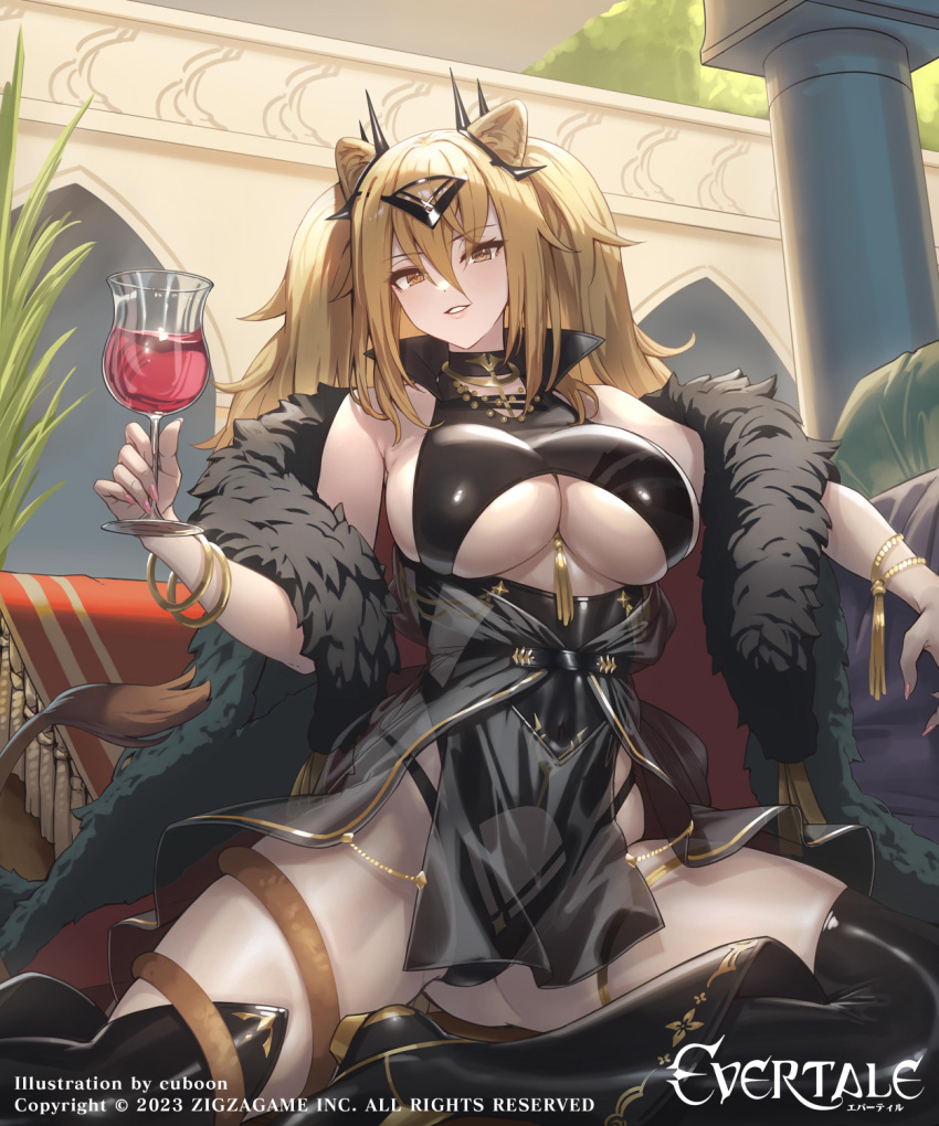 1girl alcohol animal_ears artist_name bare_shoulders black_leotard blonde_hair boots bracelet breasts coat commentary_request company_connection company_name copyright_name cuboon cup evertale fur_trim gilgamesh_(evertale) highres holding jewelry large_breasts leotard lion_ears lion_tail lips logo long_hair looking_at_viewer off_shoulder official_art parted_lips pelvic_curtain see-through shiny_clothes shiny_skin sitting smile tail tail_wrap thigh_boots thigh_strap thighs underboob weapon wine yellow_eyes