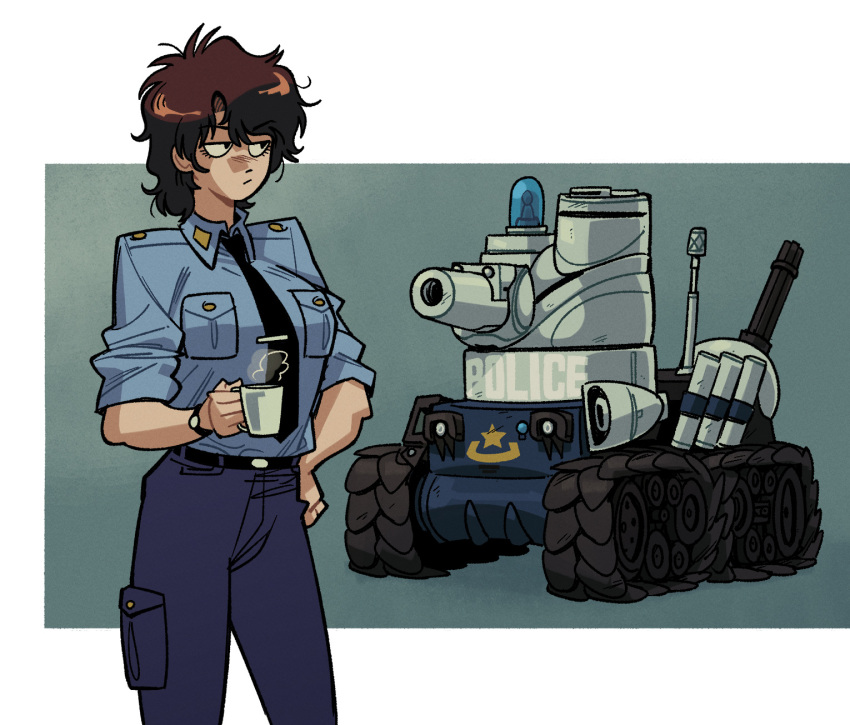 armor belt belt_buckle black_belt black_necktie blue_armor blue_pants blue_shirt bonaparte_(tank) breast_pocket brown_hair buckle cannon caterpillar_tracks coffee_mug cup cyberpunk dominion_(manga) gun gutalalaman hand_on_own_hip highres holding holding_cup leona_ozaki lights long_hair machine_gun machinery messy_hair military_vehicle motor_vehicle mug mullet necktie outside_border pants pocket police police_uniform policewoman radio_antenna science_fiction shirt sleeves_rolled_up star_(symbol) star_print steam tank tie_clip uniform watch weapon white_armor wristwatch