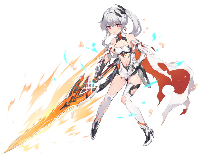 1girl bare_shoulders black_footwear breasts cross cross_earrings earrings full_body gauntlets grey_hair hair_between_eyes hand_on_own_hip high_heels highres holding holding_sword holding_weapon honkai_(series) honkai_impact_3rd jewelry latin_cross long_hair looking_at_viewer navel parted_lips red_eyes shoes side_ponytail simple_background sleeveless small_breasts solo standing sword tama_(tamatamo) theresa_apocalypse thighhighs torn_clothes torn_thighhighs very_long_hair weapon white_background white_thighhighs