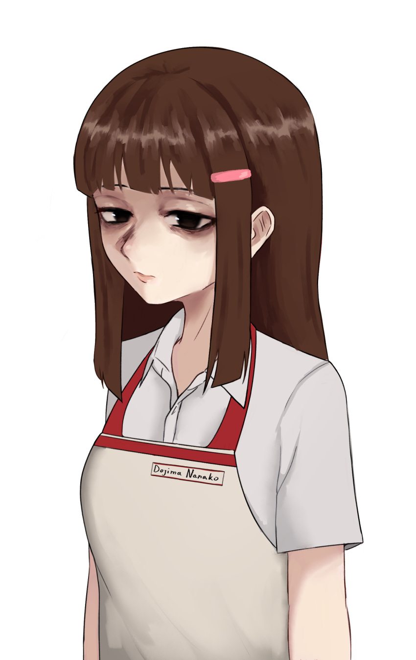 1girl absurdres aged_up apron bags_under_eyes brown_hair cashier closed_mouth collared_shirt commentary doujima_nanako empty_eyes english_commentary grey_apron hair_ornament hairclip highres long_hair looking_at_viewer n7grey name_tag persona persona_4 shirt sidelocks simple_background solo upper_body white_background white_shirt