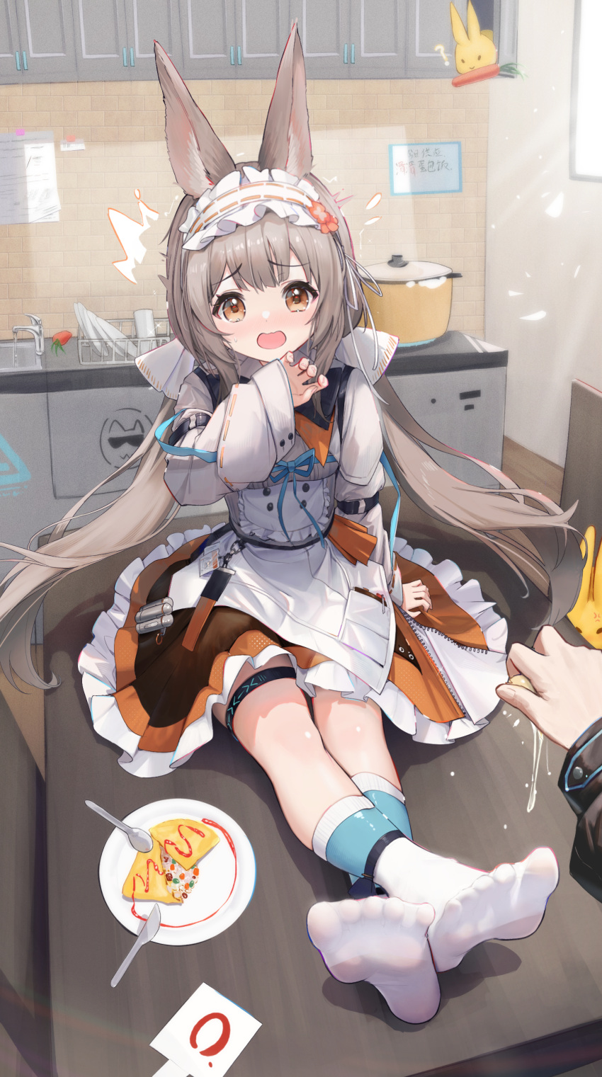 1girl 1other absurdres arknights blue_ribbon carrot chair cooking_pot cracking_egg faucet food frilled_hairband frills grey_hair hairband highres infection_monitor_(arknights) knife no_shoes omelet open_mouth rabbit ribbon sink sitting sitting_on_table socks soles solo_focus spoon table warmy_(arknights) yellow_eyes zayur