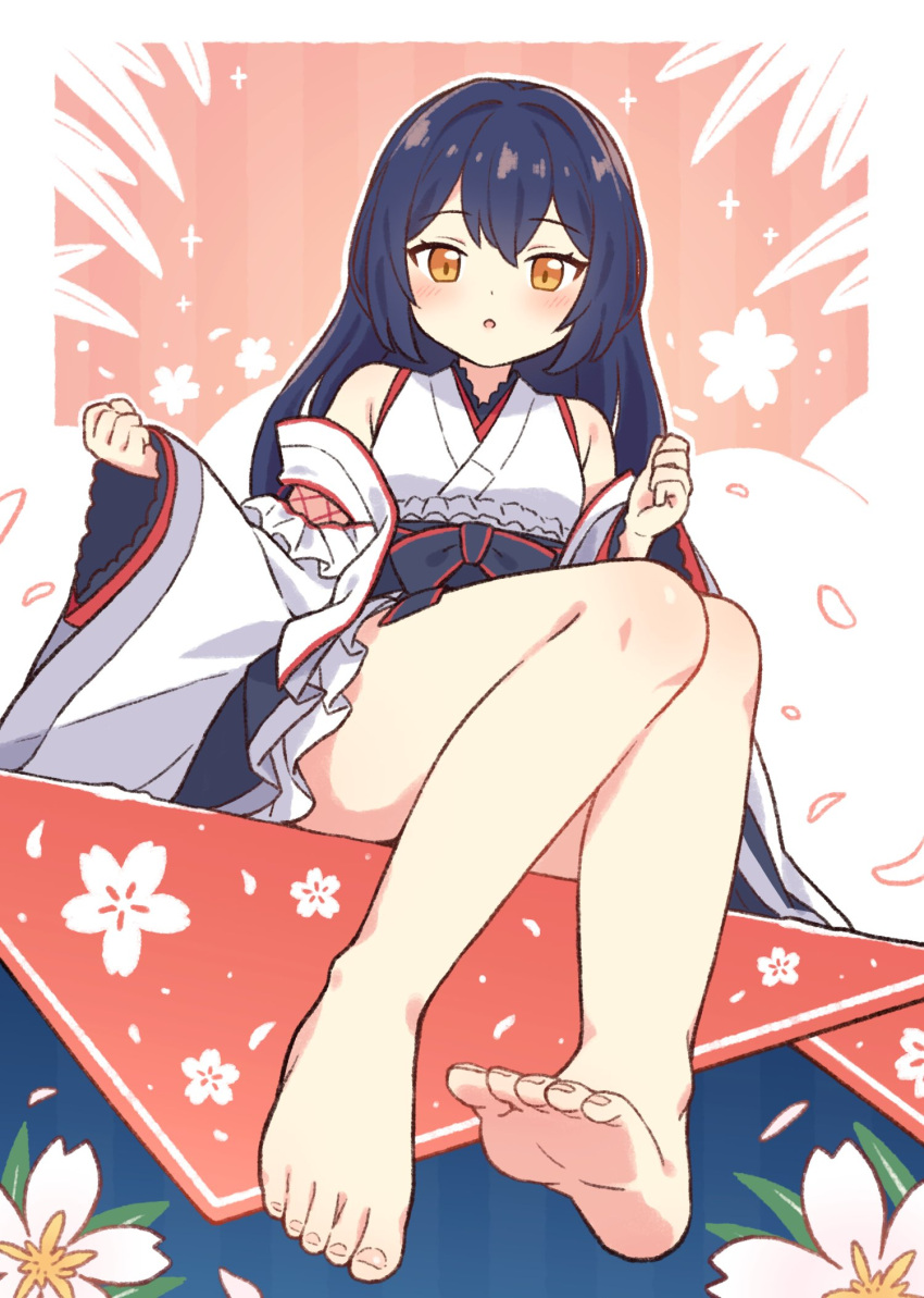 1girl :o bare_legs bare_shoulders barefoot blue_hair blush commission feet highres japanese_clothes kimono kohinata_kuon long_hair looking_at_viewer onyhakase orange_eyes original second-party_source sitting skeb_commission solo toenails toes