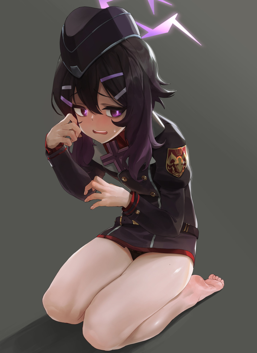 1girl absurdres barefoot black_hair black_jacket black_panties blue_archive blush commentary_request feet full_body garrison_cap gradient_hair grey_background hair_between_eyes hair_ornament hairclip halo haruka_(blue_archive) hat highres jacket korean_commentary long_sleeves mo_ne multicolored_hair panties purple_eyes purple_hair purple_headwear short_hair_with_long_locks simple_background sitting solo sweat underwear