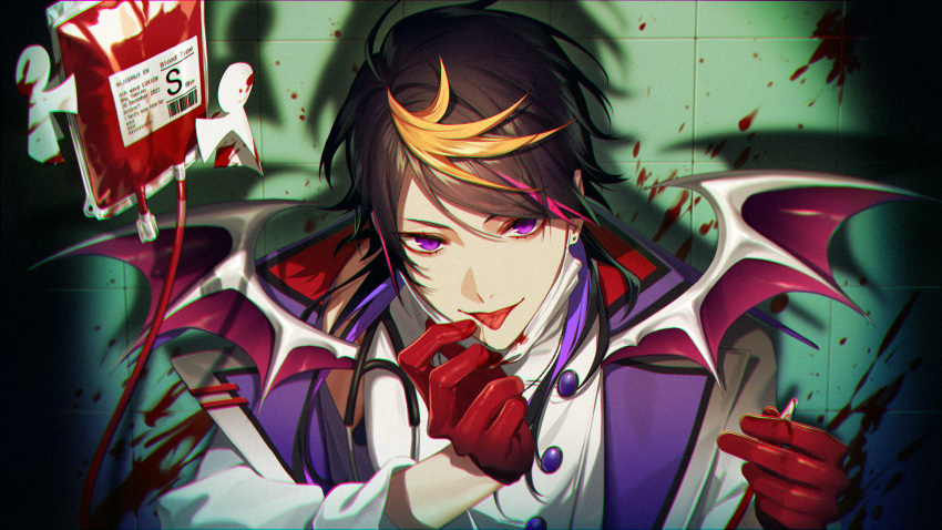 13_(bbr584607091) 1boy black_hair blonde_hair blood blood_bag blood_splatter commentary gloves green_background highres intravenous_drip jacket long_sleeves looking_at_viewer male_focus multicolored_hair nijisanji nijisanji_en paper_doll purple_eyes purple_hair red_gloves shadow shu_yamino shu_yamino_(1st_costume) sidelocks solo stethoscope symbol-only_commentary tongue tongue_out upper_body virtual_youtuber white_jacket yaminion_(shu_yamino)