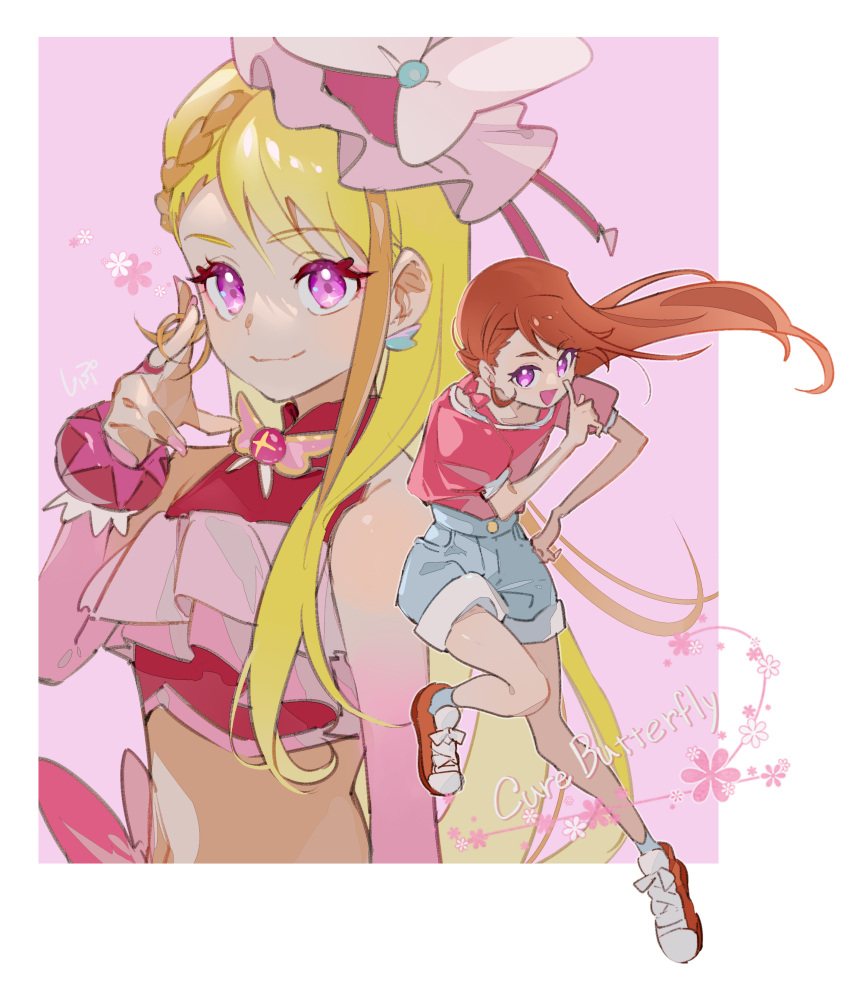 2girls :d absurdres blonde_hair blue_shorts border braid brown_hair character_name closed_mouth crop_top cure_butterfly floating_hair full_body hair_twirling hand_on_own_hip highres hijiri_ageha hirogaru_sky!_precure long_hair midriff multiple_girls open_mouth pink_eyes pink_shirt precure shipu_(gassyumaron) shirt short_shorts shorts single_braid sketch smile stomach very_long_hair white_border