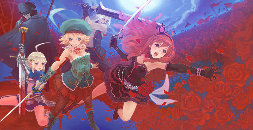 3girls armpits battle blonde_hair blood blue_eyes flower glasses gloves hat knife multiple_boys multiple_girls original pantyhose petals planted_sword planted_weapon pool_of_blood red_flower red_hair red_rose rose rose_petals sword weapon weno