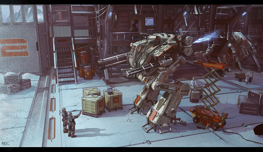 battletech cable drum_(container) gatling_gun gun hangar karanak letterboxed male_focus mecha multiple_boys original robot scenery steam walker weapon