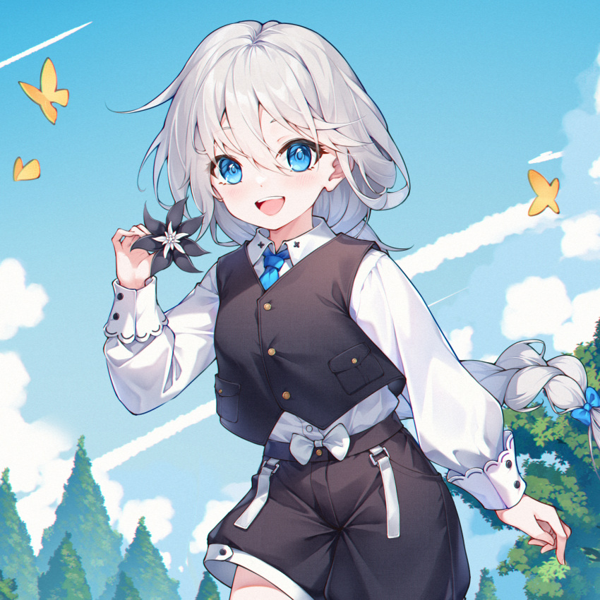 1girl aged_down apc556_(girls'_frontline) black_shorts black_vest blue_bow blue_eyes blue_necktie bow bug butterfly cloud collared_shirt commission flower ge_zhong_kuaile girls'_frontline hair_between_eyes hair_bow highres holding holding_flower long_hair long_sleeves looking_at_viewer necktie open_mouth outdoors pixiv_commission shirt shorts smile solo standing tree vest white_bow white_hair white_shirt yellow_butterfly
