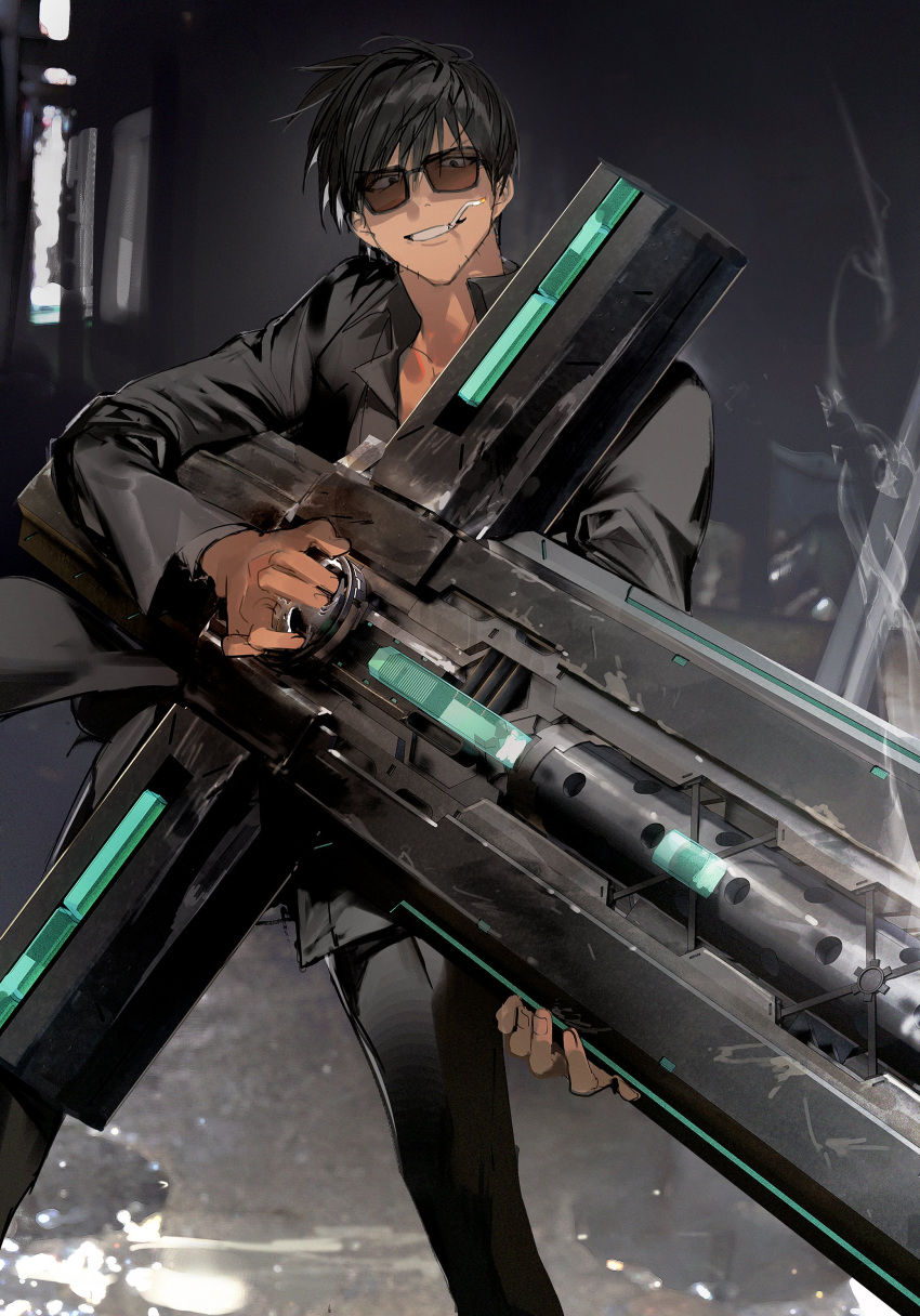 1boy absurdres black_eyes black_hair black_jacket black_pants black_shirt cigarette citronplanet collared_shirt cowboy_shot cross cross_punisher highres holding holding_cross holding_weapon jacket large_cross long_sleeves male_focus mouth_hold nicholas_d._wolfwood pants shirt short_hair smoke solo standing sunglasses trigun trigun_stampede v-shaped_eyebrows weapon