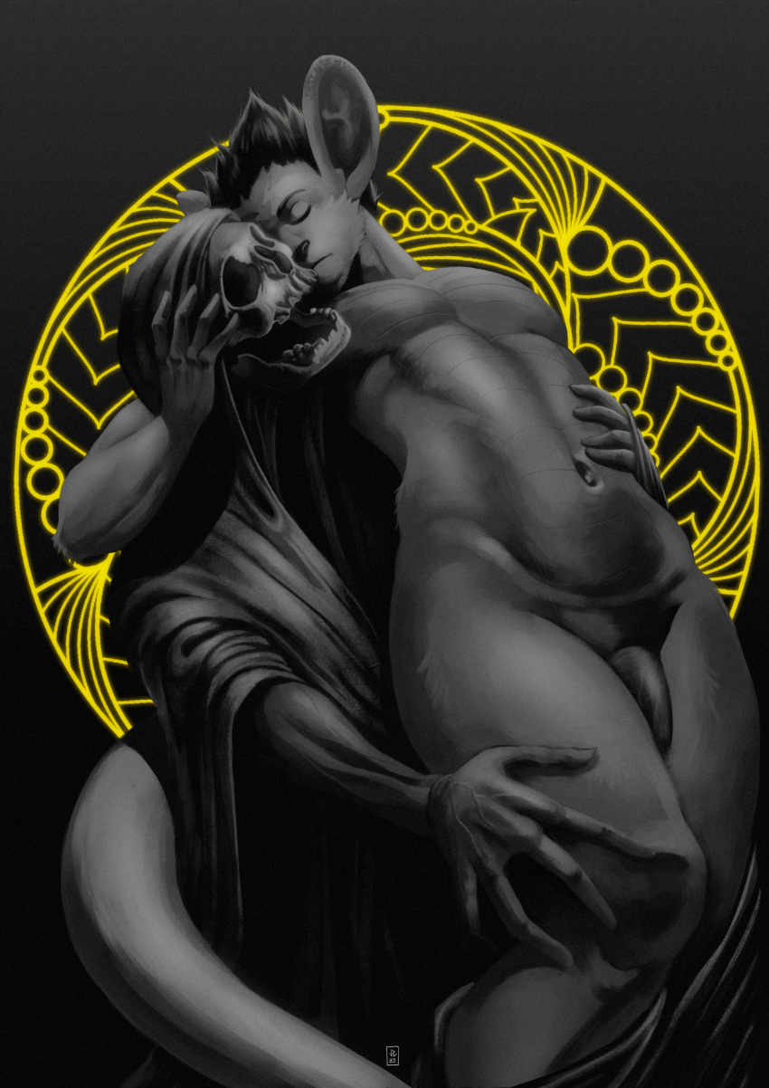 2023 5_fingers abstract_background animated_skeleton anthro biped black_hair black_nose bone clothing digital_drawing_(artwork) digital_media_(artwork) duo embrace english_text eyes_closed fingers flaccid foreskin genitals gold_background greyscale hair hand_on_leg hand_on_thigh hi_res humanoid_genitalia humanoid_penis hybrid long_ears male monochrome navel nude open_mouth penis reiser robe robe_only signature simple_background skeleton skull slim tasteful_nudity teeth text undead