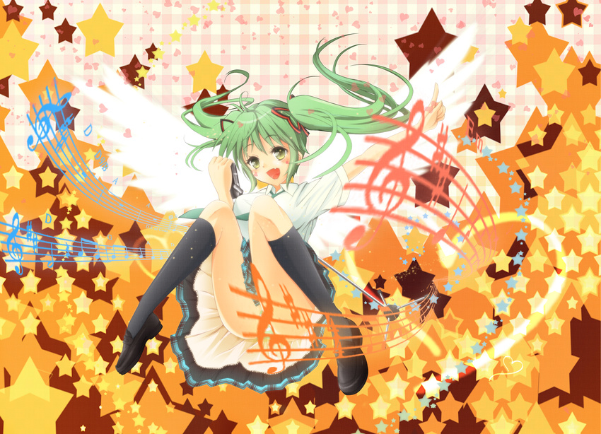 absurdres asupara beamed_eighth_notes blush eighth_note eighth_rest fang green_hair half_note hatsune_miku heart highres kneehighs legs loafers long_hair microphone musical_note necktie panties pantyshot pantyshot_(sitting) pointing quarter_note quarter_rest sharp_sign shoes sitting skirt solo staff_(music) star striped striped_panties time_signature treble_clef twintails underwear vocaloid whole_rest wings