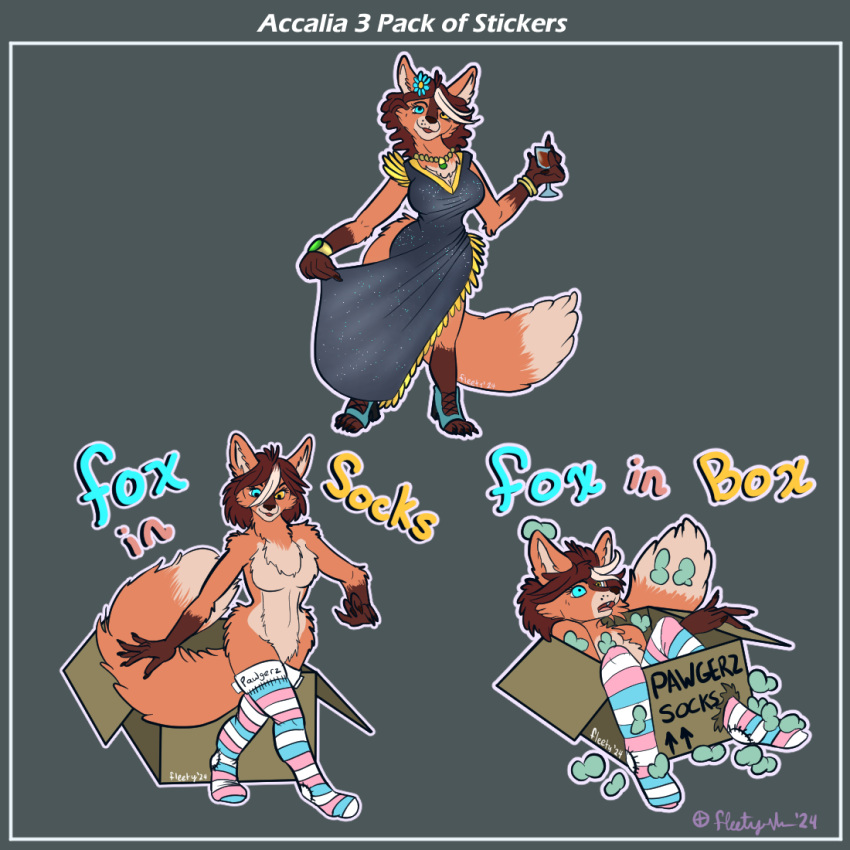 accalia anthro beverage box breasts canid canine claws clothing container dress female fleety_(artist) flower footwear fox fur glass heterochroma invalid_tag jewelry legwear mammal nude plant shoes socks solo sticker thigh_highs trans