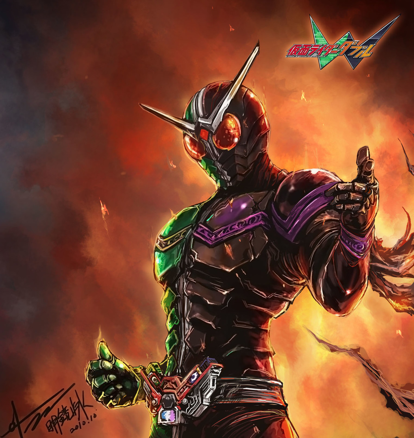 antennae belt black_bodysuit bodysuit fire green_bodysuit highres jay_b_lee kamen_rider kamen_rider_double kamen_rider_w male_focus solo