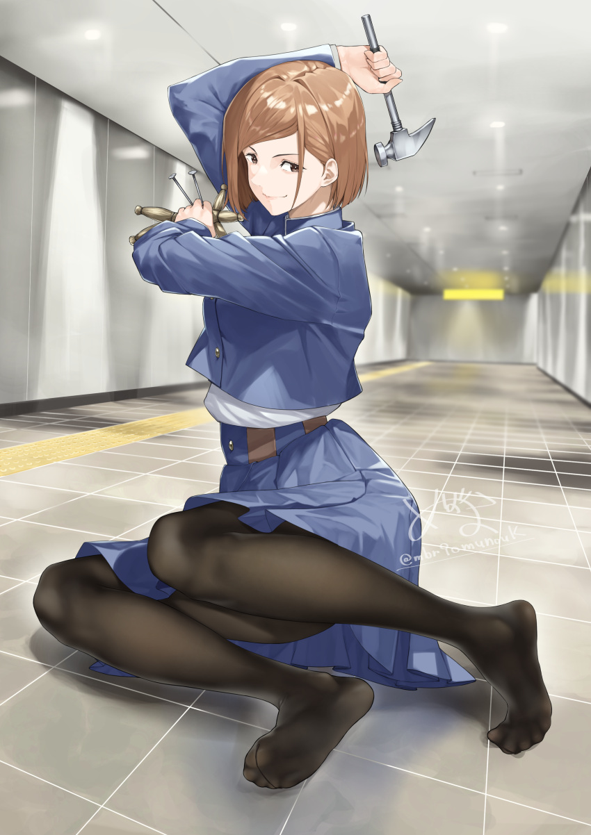 1girl absurdres arm_up artist_name black_pantyhose blue_jacket blue_skirt brown_eyes brown_hair closed_mouth convenient_leg cropped_jacket eyelashes feet full_body hammer hashtag_only_commentary high-waist_skirt highres holding holding_hammer jacket jujutsu_kaisen kugisaki_nobara legs long_sleeves looking_at_viewer mbr90munouk medium_hair nail no_shoes pantyhose pleated_skirt shadow skirt smile soles solo swept_bangs tile_floor tiles toes twitter_username v-shaped_eyebrows
