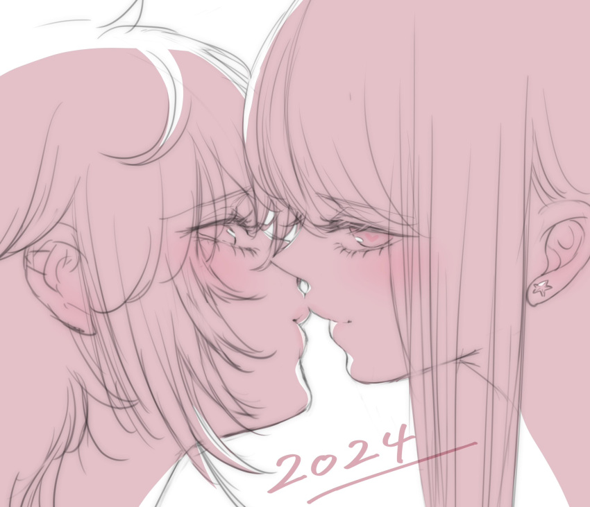 2024 2girls asahina_yuni commentary_request earrings eye_contact heart heart-shaped_pupils highres imminent_kiss iwami_kiyoko jewelry kyou_wa_kanojo_ga_inai_kara long_hair looking_at_another monochrome multiple_girls parted_lips short_hair sidelocks simple_background star_(symbol) star_earrings symbol-shaped_pupils taki_fuuko white_background wolf_cut yuri