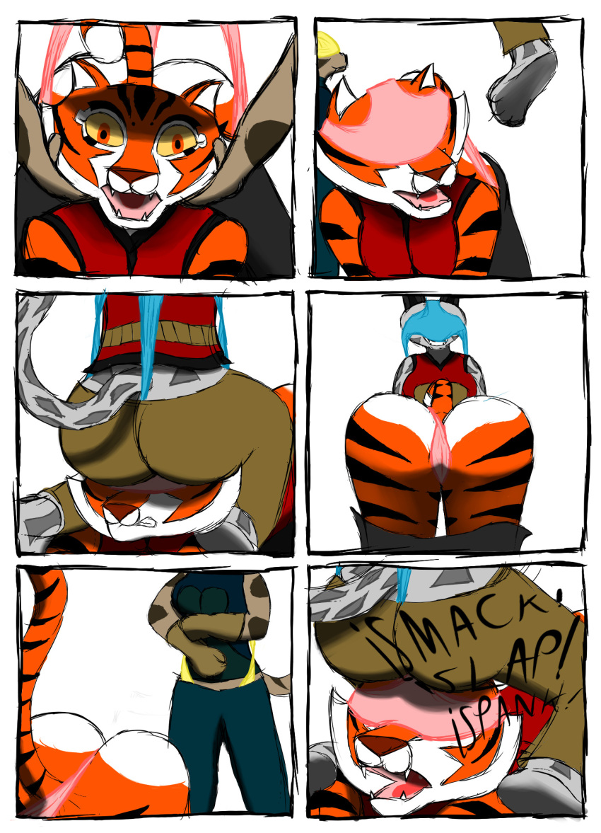 all_fours anthro asian_golden_cat bottomwear bottomwear_down bound butt butt_slap catopuma clothed clothing comic dreamworks embarrassed facesitting felid feline female group hands_tied hi_res kung_fu_panda leopard mammal master_tigress pantherine panties pants pants_down partially_clothed sitting_on_another slap song_(kung_fu_panda) spanking student_mei_ling tail the-killer-wc tiger trio underwear wedgie