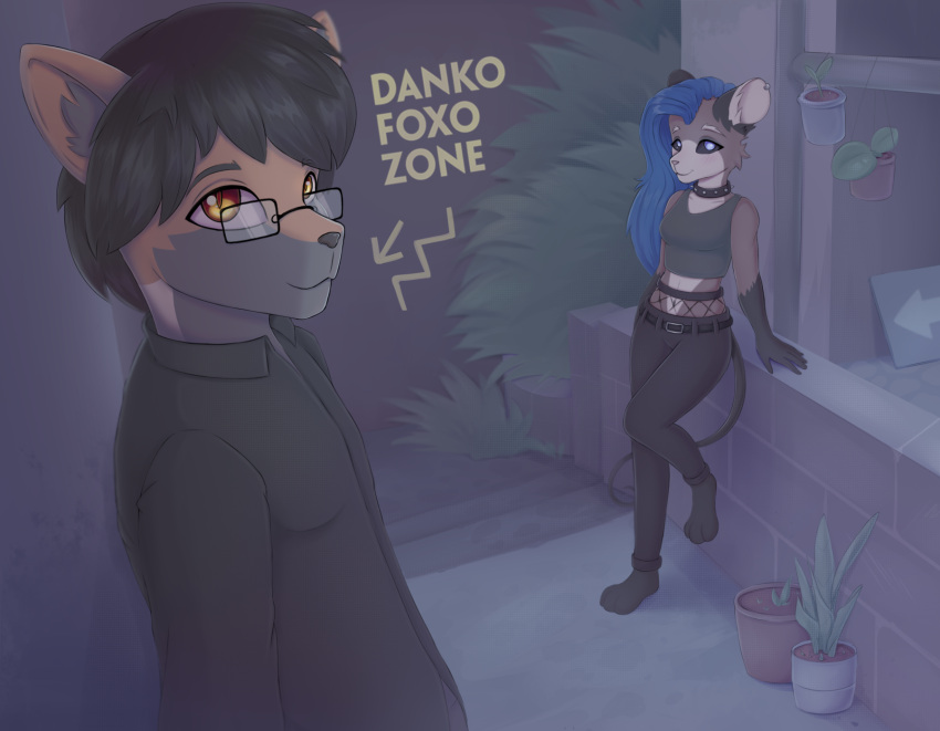 alley american_opossum anthro background_signs canid canine duo eyewear female fox glasses hi_res male mammal marsupial plant tanatos_aaa