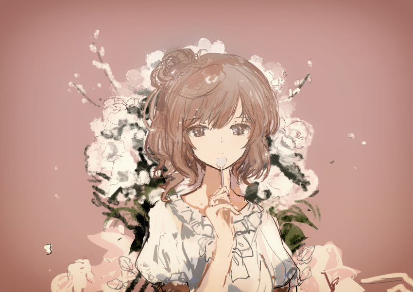1girl bow bowtie brown_background brown_eyes brown_hair cevio closed_mouth commentary_request floral_background flower flower_request frilled_shirt frills hair_bun hand_up highres holding holding_spoon kabuyama_kaigi looking_at_viewer puffy_short_sleeves puffy_sleeves satou_sasara shirt short_sleeves side_ponytail single_side_bun smile solo spoon upper_body vignetting white_bow white_bowtie white_flower white_shirt