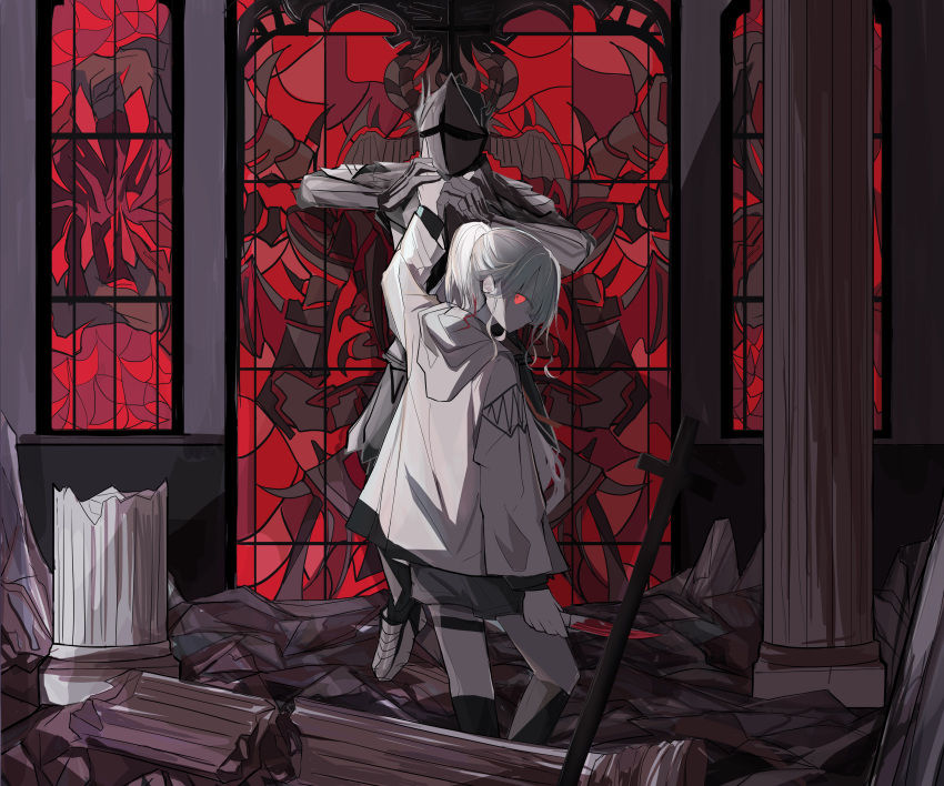 1girl 1other absurdres choke_hold destruction grey_hair highres knight looking_at_viewer neck_grab original ponytail red_eyes short_hair sir_if stained_glass strangling white_hair