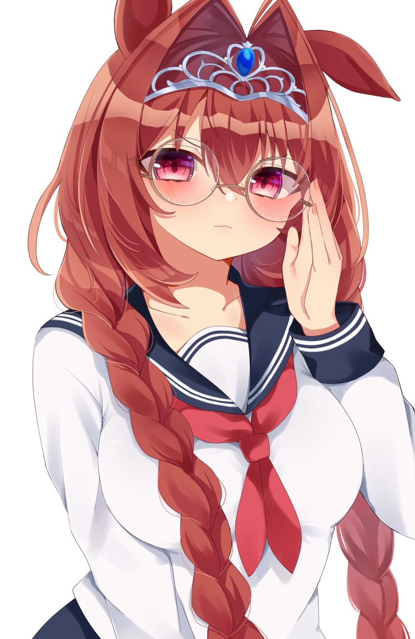 1girl absurdres adjusting_eyewear alternate_costume animal_ears antenna_hair bespectacled blush braid breasts commentary_request daiwa_scarlet_(umamusume) glasses hair_intakes highres horse_ears horse_girl kaoru_(h8qm9) large_breasts light_frown neckerchief red_eyes red_hair red_neckerchief round_eyewear sailor_collar school_uniform serafuku shirt simple_background solo tiara twin_braids umamusume upper_body white_background white_shirt